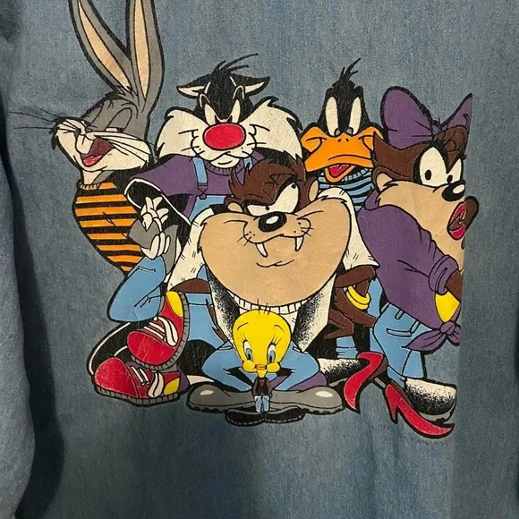 Vintage 90s Looney Tunes Denim Shirt with Cartoon Characters - Picture 3 of 8